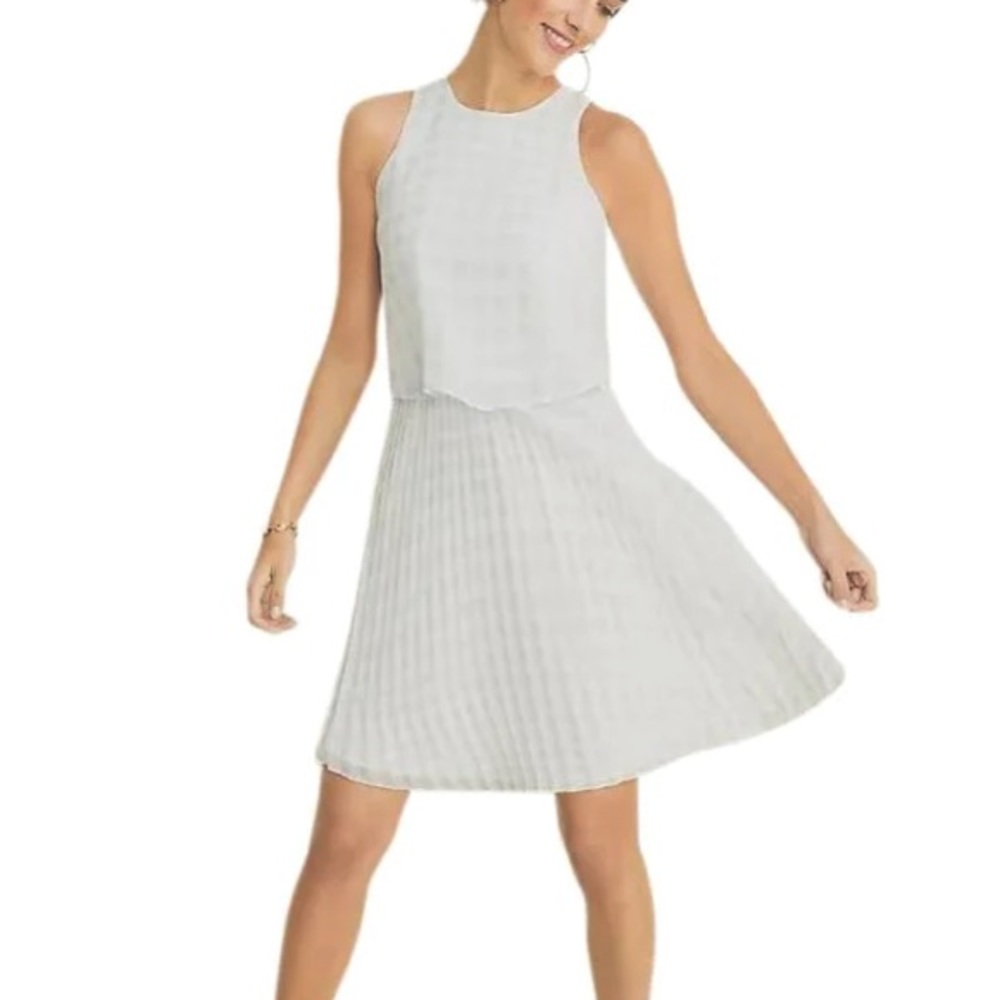 Ann Taylor Gingham Overlay Pleated Sleeveless Dress Sz 12 | Blue / White | EUC